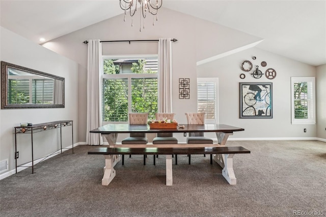 7311 Rattlesnake Dr, Lone Tree, CO 80124 - carpeted dining space with a chandelier and high vaulted ceiling