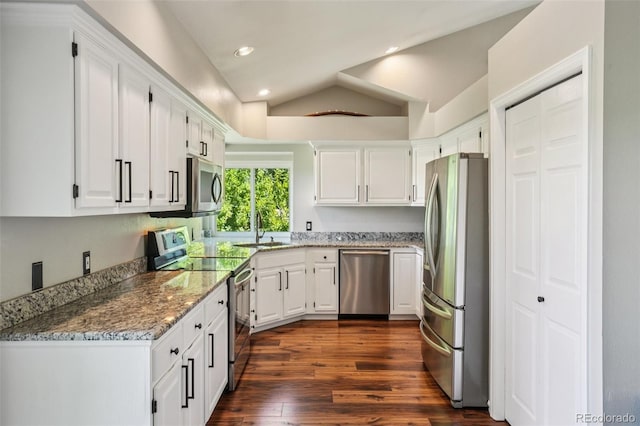 7311 Rattlesnake Dr, Lone Tree, CO 80124 - kitchen with appliances with stainless steel finishes, white cabinetry, vaulted ceiling, dark wood finished floors, and light stone counters