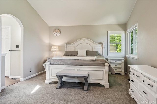 7311 Rattlesnake Dr, Lone Tree, CO 80124 - bedroom with lofted ceiling, carpet flooring, and arched walkways