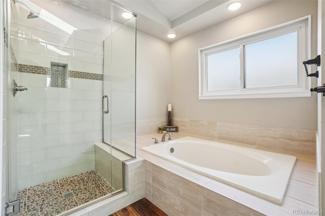 7311 Rattlesnake Dr, Lone Tree, CO 80124 - full bathroom with a garden tub, a shower stall, and recessed lighting