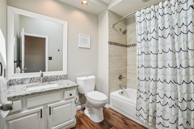 7311 Rattlesnake Dr, Lone Tree, CO 80124 - full bathroom with shower / bath combination with curtain, wood finished floors, vanity, and recessed lighting