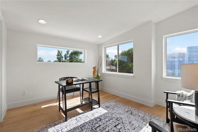 1645 N Osceola St, Denver, CO 80204 - office area featuring recessed lighting, light wood-style floors, and vaulted ceiling