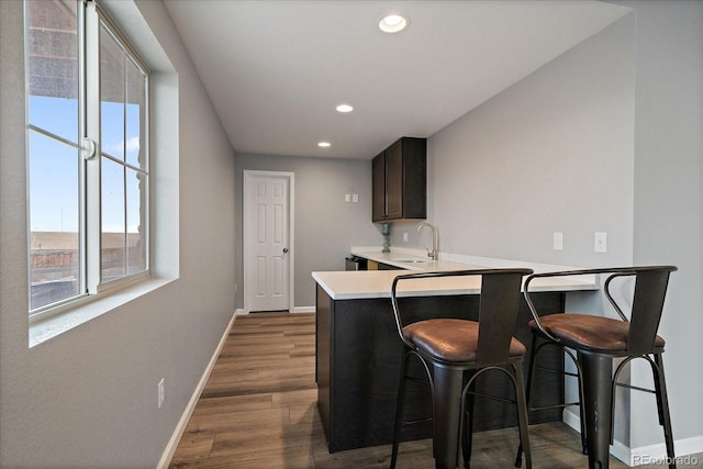 bar with dark brown cabinets, dark hardwood / wood-style floors, and sink