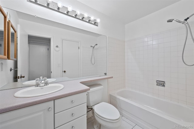 bathroom featuring vanity,  shower combination, tile patterned floors, and toilet
