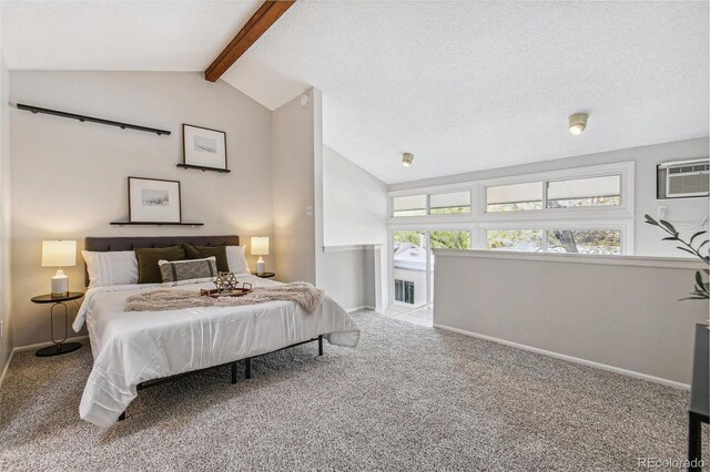 bedroom with vaulted ceiling with beams, carpet flooring, baseboards, and an AC wall unit