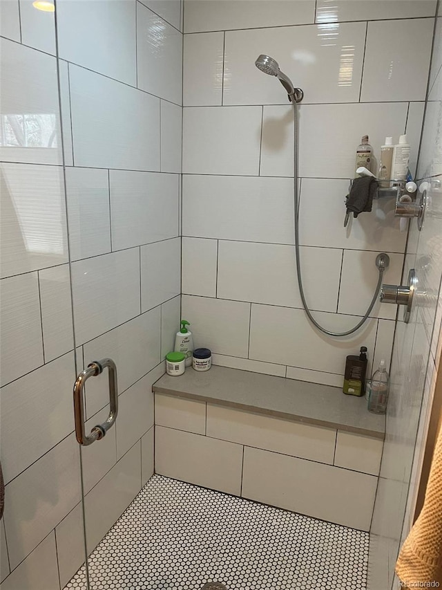 bathroom featuring a shower with shower door