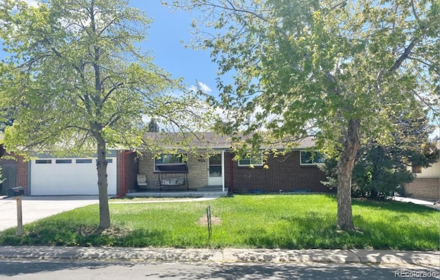 13024 E Alaska Pl, Aurora, CO 80012 - ranch-style home with brick siding, a front lawn, driveway, a garage, and a porch
