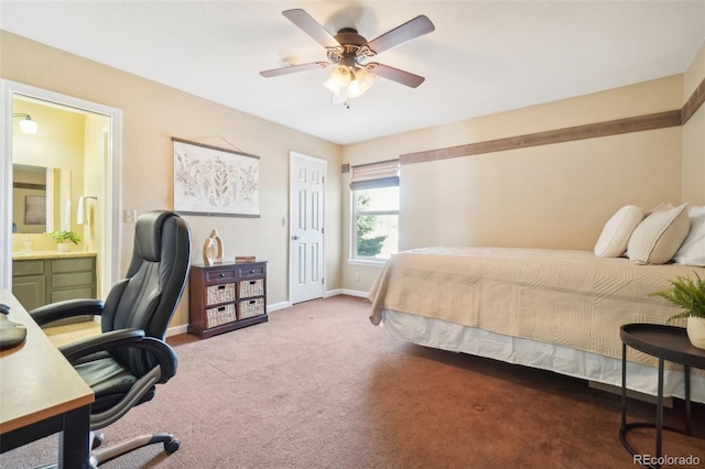 bedroom with ceiling fan, connected bathroom, and carpet floors