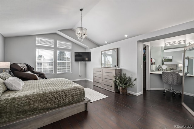 bedroom with vaulted ceiling, dark wood finished floors, baseboards, and an inviting chandelier