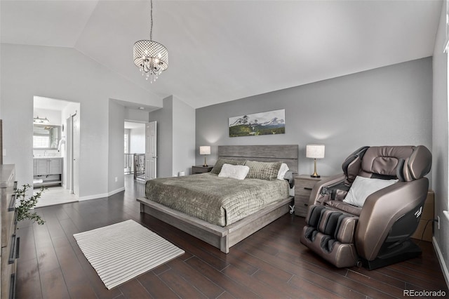 bedroom featuring baseboards, connected bathroom, lofted ceiling, wood finished floors, and an inviting chandelier