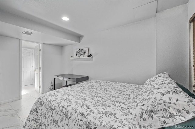 bedroom with recessed lighting, marble finish floor, visible vents, and baseboards