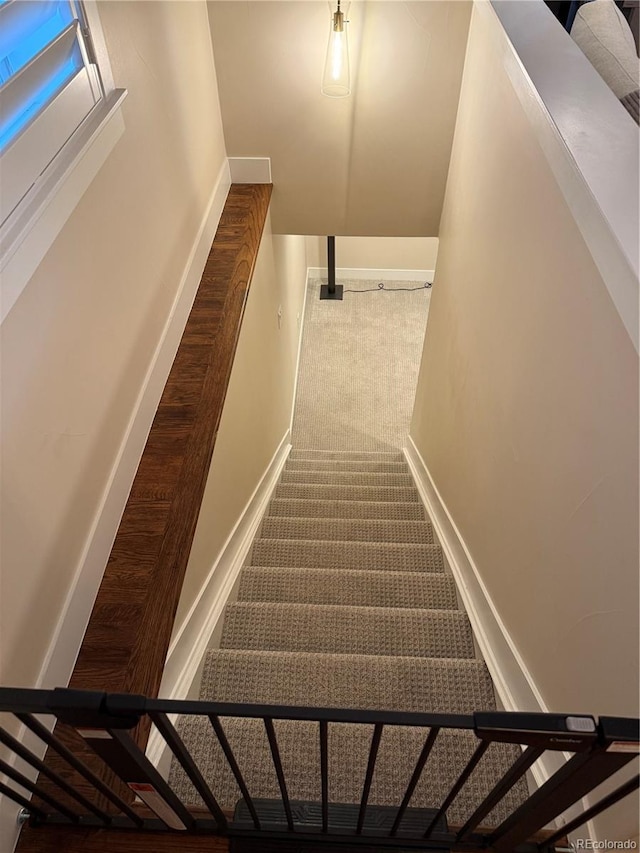 stairway featuring baseboards and carpet