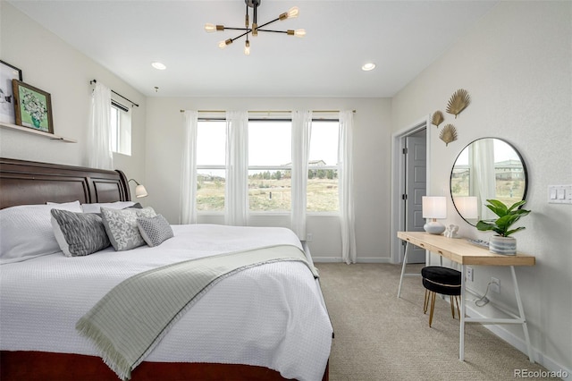 11027 Sunshimmer Cir, Parker, CO 80134 - bedroom featuring light carpet, a chandelier, baseboards, and recessed lighting