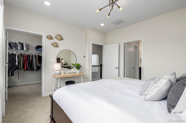 11027 Sunshimmer Cir, Parker, CO 80134 - bedroom featuring light carpet, a spacious closet, baseboards, a chandelier, and a closet