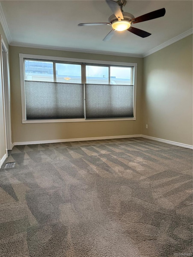 empty room featuring ornamental molding, a wealth of natural light, and carpet