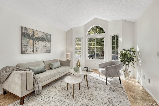 living area featuring baseboards, lofted ceiling, and a textured ceiling