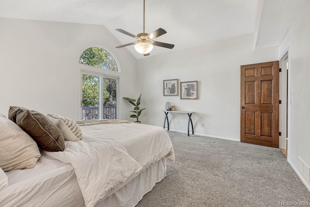 carpeted bedroom featuring baseboards, a textured ceiling, ceiling fan, and vaulted ceiling