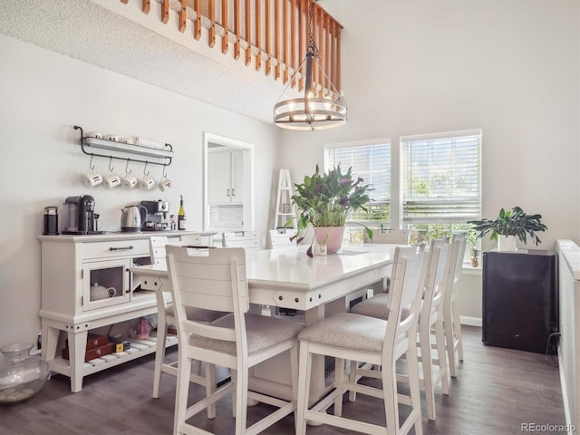 dining space featuring a high ceiling, wood finished floors, and a notable chandelier