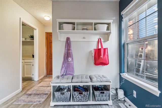 mudroom featuring a textured ceiling, baseboards, and wood finished floors
