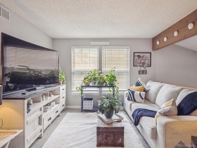 living area with a textured ceiling, light colored carpet, baseboards, and visible vents