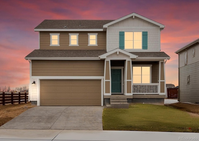 view of front of property featuring fence, driveway, an attached garage, covered porch, and a shingled roof