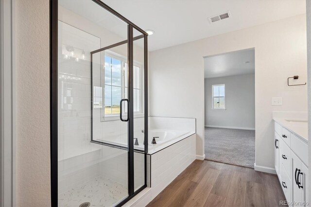 bathroom featuring hardwood / wood-style floors, vanity, and independent shower and bath