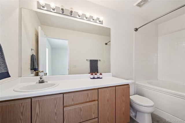 full bath with tub / shower combination, visible vents, toilet, and vanity