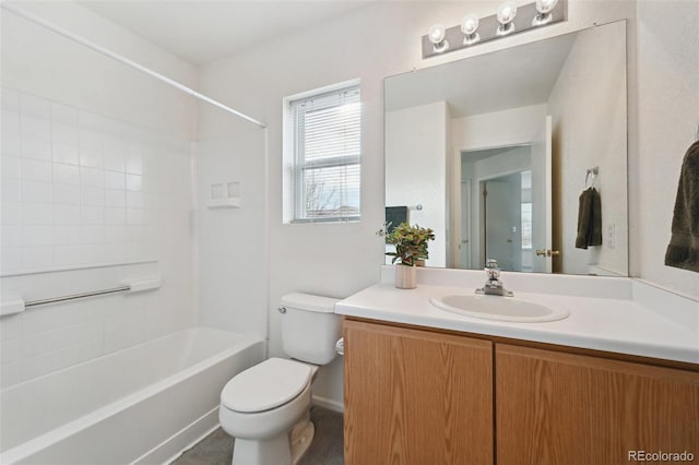 full bath with toilet, vanity, and shower / bathing tub combination