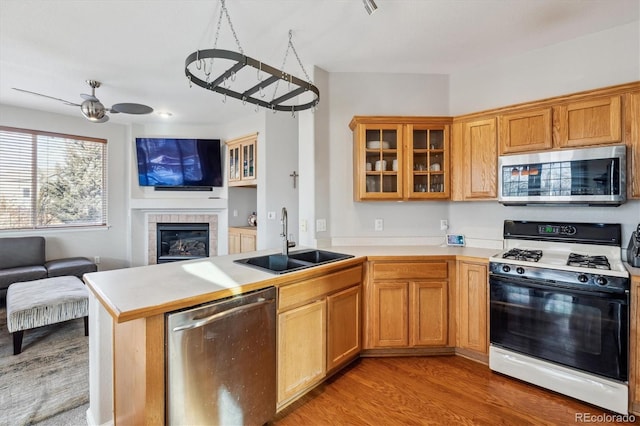 10358 Kelliwood Way, Highlands Ranch, CO 80126 - kitchen with appliances with stainless steel finishes, a sink, open floor plan, a peninsula, and light countertops