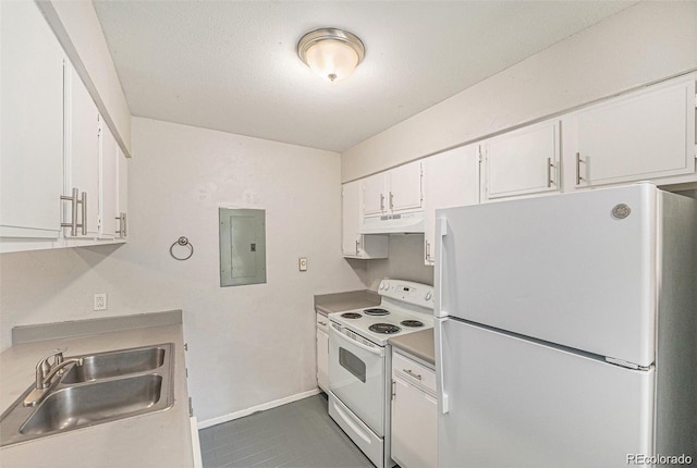 kitchen with electric panel, white appliances, white cabinetry, and sink