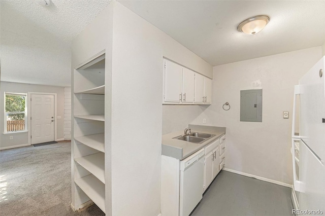 kitchen with electric panel, light carpet, sink, white cabinets, and white appliances