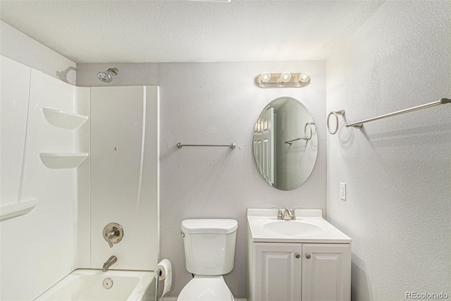 full bathroom with vanity, a textured ceiling, toilet, and shower / bathtub combination