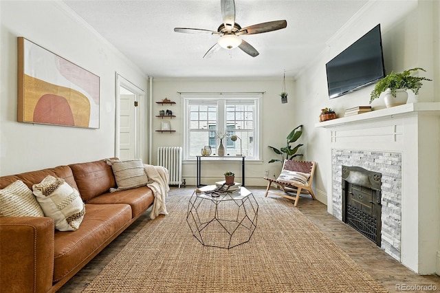 1137 N Sherman St Unit 17, Denver, CO 80203 - living area featuring radiator, ornamental molding, a fireplace, ceiling fan, and wood finished floors
