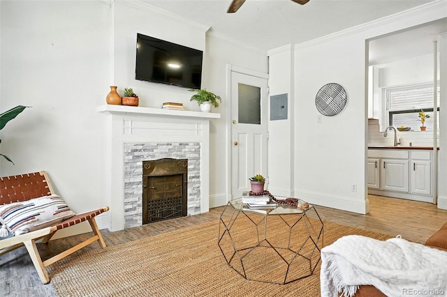1137 N Sherman St Unit 17, Denver, CO 80203 - living room with wood finished floors, a stone fireplace, ceiling fan, and ornamental molding