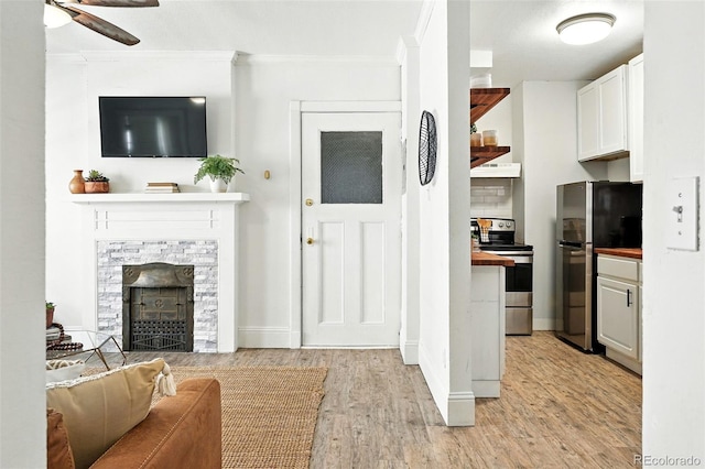 1137 N Sherman St Unit 17, Denver, CO 80203 - living area with light wood-style flooring, ornamental molding, ceiling fan, and a fireplace
