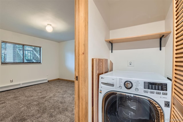 695 Manhattan Dr Unit 109, Boulder, CO 80303 - washroom with washer / dryer, carpet flooring, baseboard heating, and baseboards
