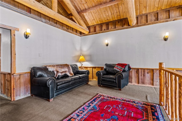 living room with wood ceiling, carpet flooring, and lofted ceiling with beams