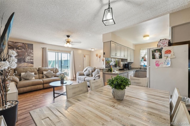 dining area with a textured ceiling, ceiling fan, and light wood-style floors
