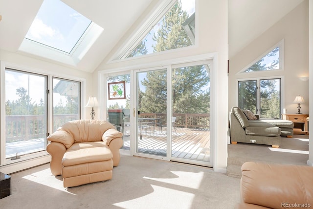 sunroom with plenty of natural light and lofted ceiling with skylight