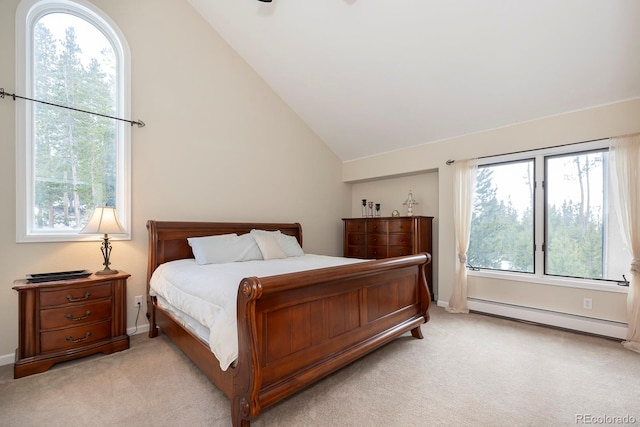 carpeted bedroom with ceiling fan, baseboard heating, high vaulted ceiling, and multiple windows