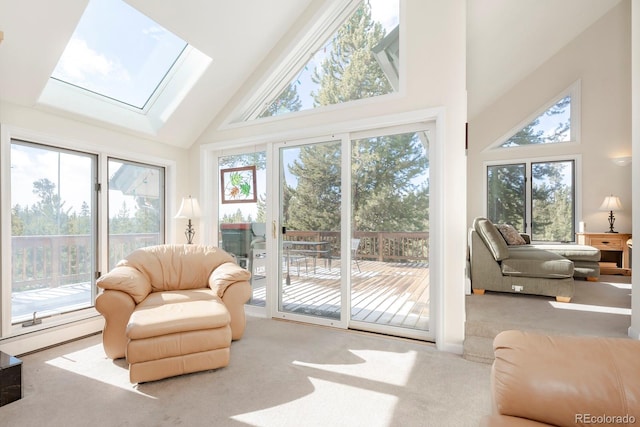 sunroom with a baseboard radiator, plenty of natural light, and vaulted ceiling with skylight