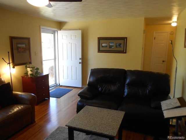 living room featuring wood-type flooring and ceiling fan