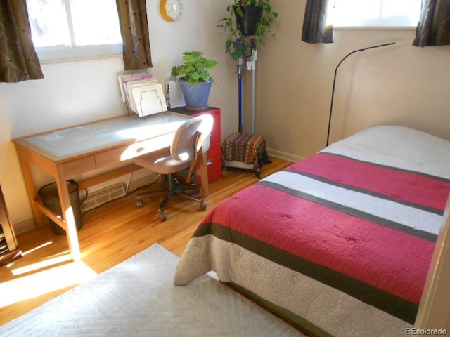 bedroom featuring wood-type flooring and multiple windows