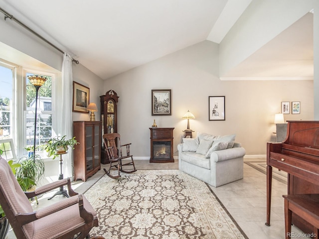 tiled living room featuring lofted ceiling