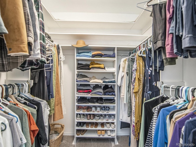 walk in closet featuring carpet flooring