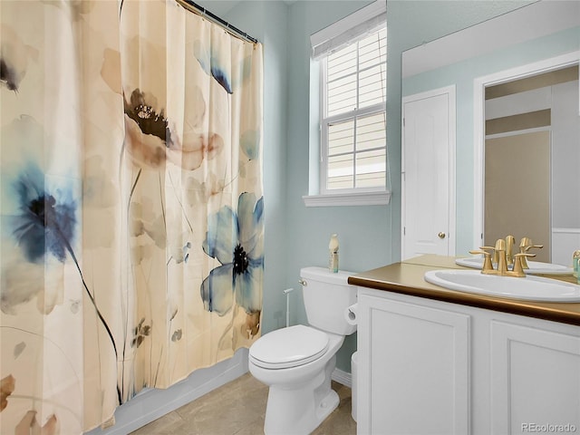 full bath with toilet, tile patterned floors, and vanity