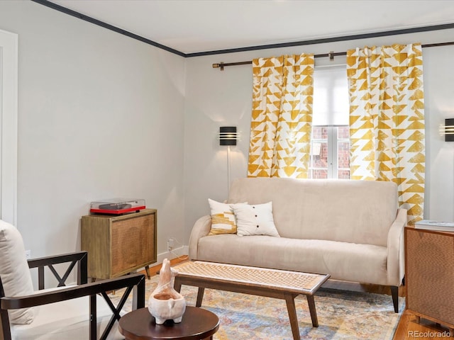 living room featuring crown molding and hardwood / wood-style flooring