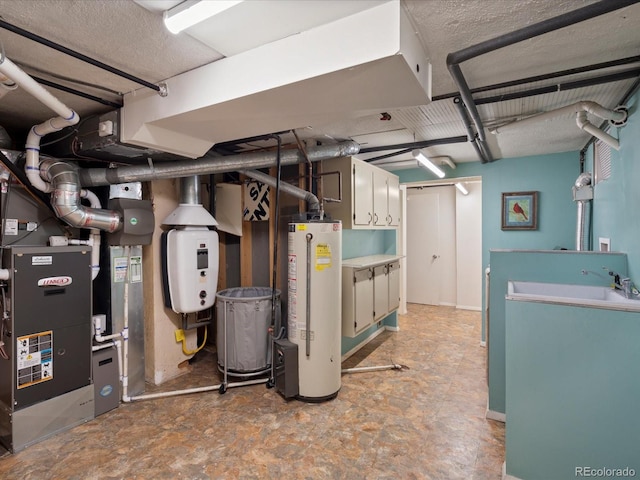 utility room with heating unit and water heater