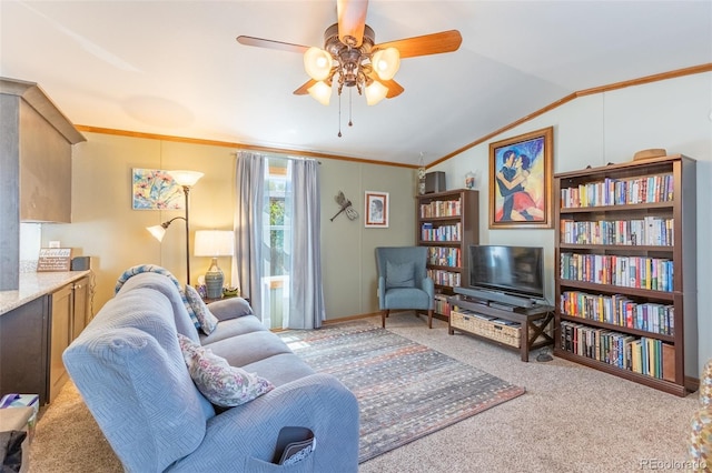 910 J St Unit D1, Salida, CO 81201 - carpeted living room with ornamental molding, ceiling fan, and vaulted ceiling