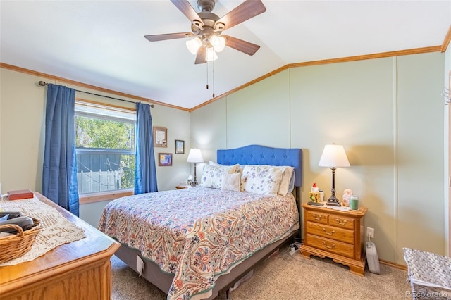 910 J St Unit D1, Salida, CO 81201 - bedroom with lofted ceiling, crown molding, carpet, and ceiling fan